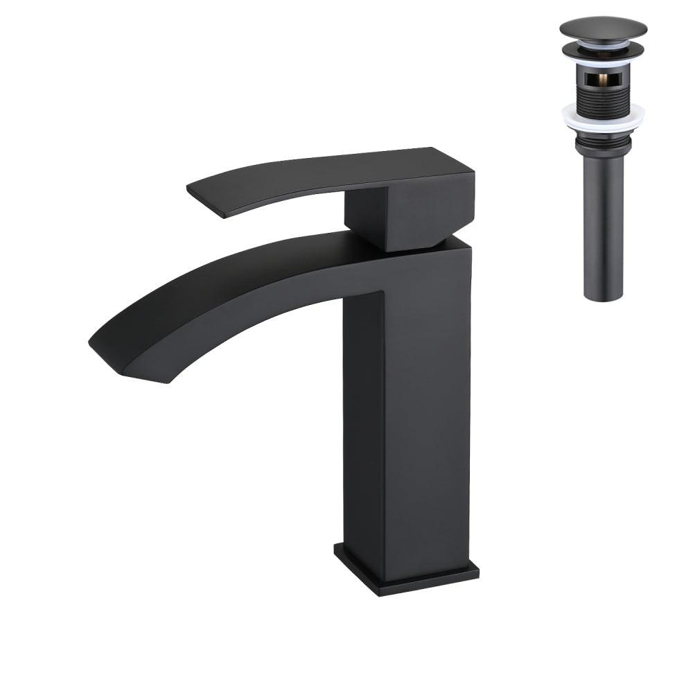 Waterfall Spout Bathroom Sink Single Handle Faucet with Pop-Up Drain (No Overflow)