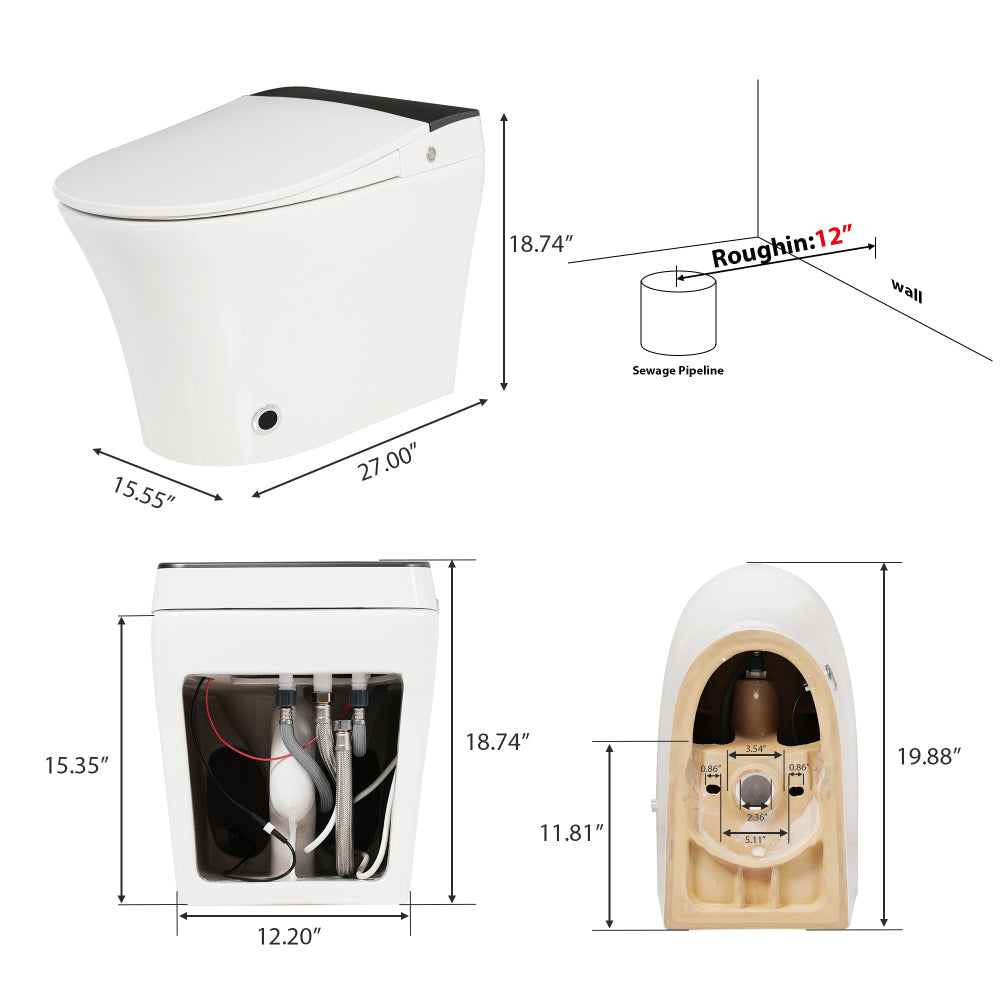 Heated Seat Smart Toilet, One Piece Toilet, Automatic Flush Tankless Toilet without Bidet, with Foot sensor Flush, Blue Night Light, Knob Control, Power Outage Flushing, Soft Close Cover,White