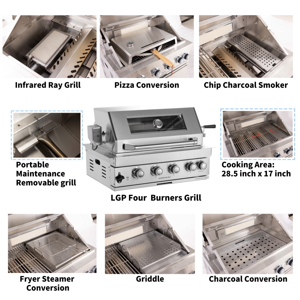 Built-in Outdoor Kitchen 32 inch LPG Gas Grill 60000 BTU Stainless Steel Four burners Grill with Infrared Rear Bunrer and Door and Drawer Combo and Drop in Stainless Steel 304# Sink with BBQ Tool Set
