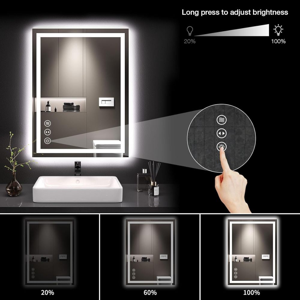 32x24 Inch IP54 Waterproof Bathroom Vanity Mirror - Anti-Fog LED, Front/Backlit, Touch Control, High Lumen LED with CRI 95 Mirror, Infinitely Dimmable, Adjustable 3000K/4500K/6000K Color Temperatures