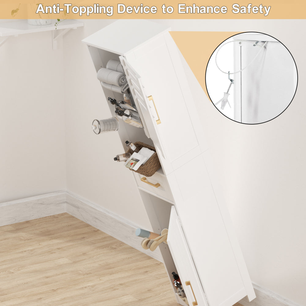 Tall Bathroom Floor Storage Cabinet,Narrow Slim Freestanding Cabinet with 1 Drawer and 2 Doors Storage Cabinet with 5 Adjustable Height Shelf, 15 x 12 x 67Inches, White