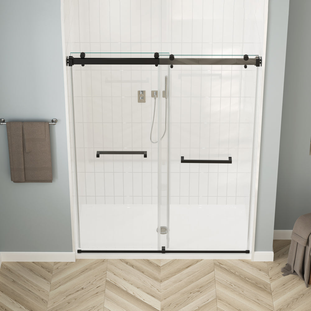 56-60 in. W x 76 in. H Sliding Frameless Soft-Close Shower Door with Premium 3/8 Inch (10mm) Thick Tampered Glass in Matte Black 03A42-6076