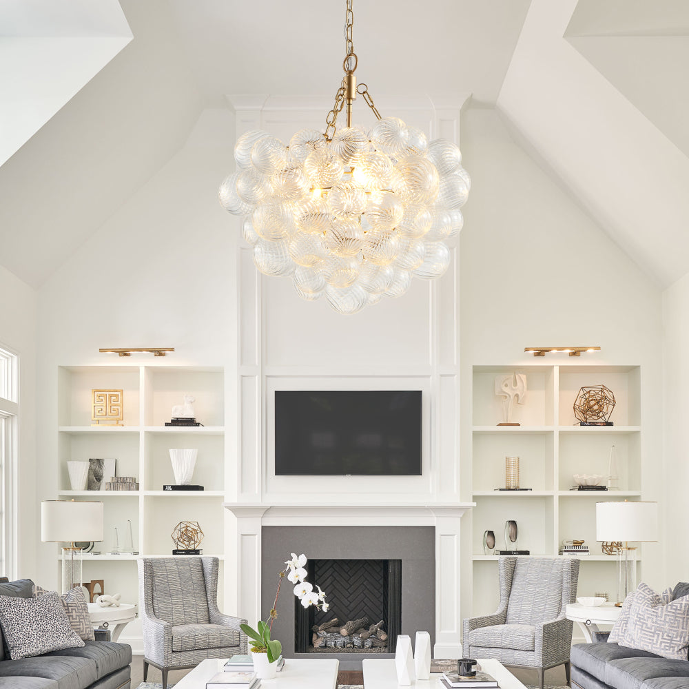 27.5-Inch Gold Pendant Light Chandelier with Threaded Clear Glass Globe Shade – Adjustable Height, Ideal for Living Room, Dining Room, Kitchen (No Bulbs)