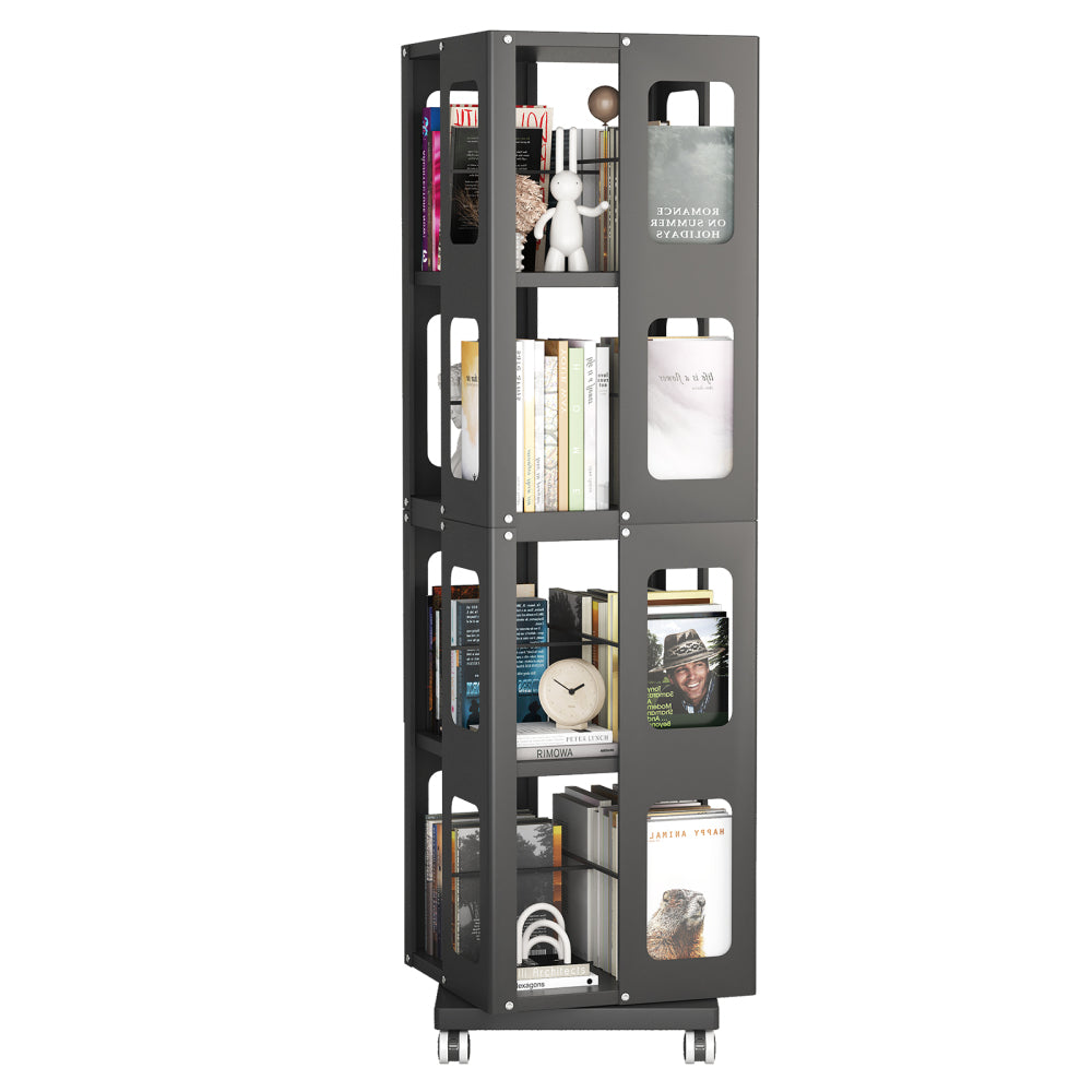 4-Tier All-Steel Rotating Bookshelf with 360° Wheels, Large Size Sturdy & Spacious Book Rack, New Style White Bookshelf,Easy Assembly