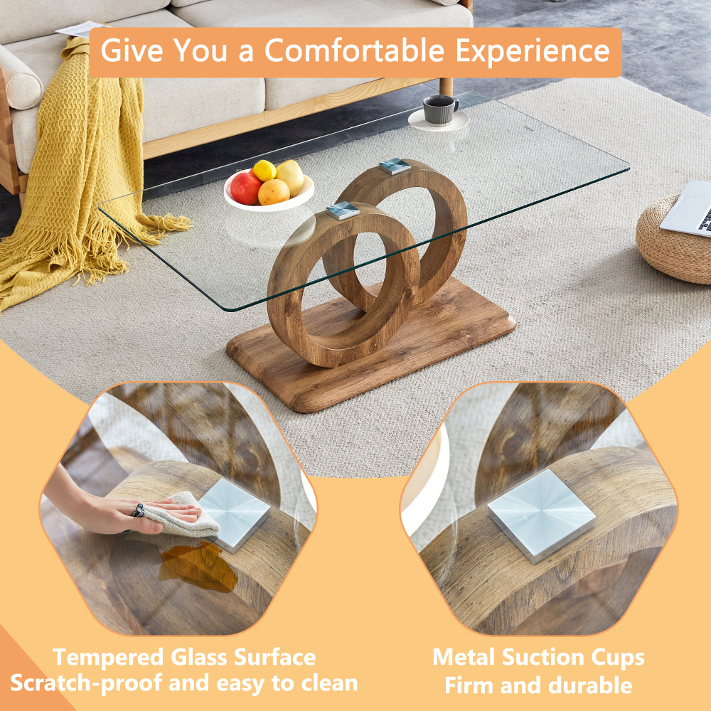 Modern Style Glass Top MDF Coffee Table with Natural Wood Color Base - Suitable for Living Rooms and Lounge Areas, with Product Dimensions of 47.2*25.6*17.8