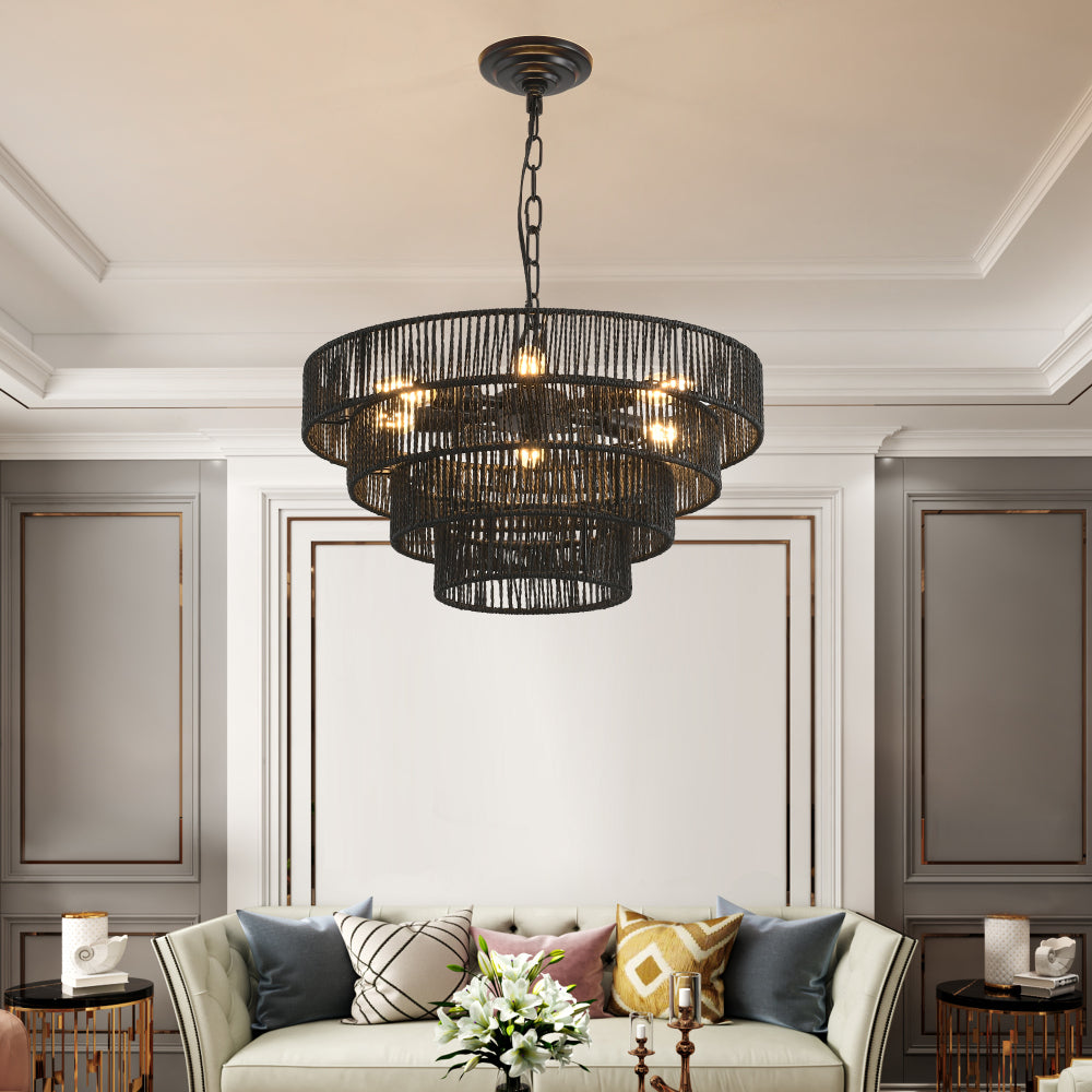 (Same as W1340P155977/L1019-5) 24" Modern 5-Layer Woven Hemp Rope Chandelier, Boho Style Pendant Light, Elegant Hanging Light Fixture for Living Room, Dining Room, Bedroom (No Bulbs)
