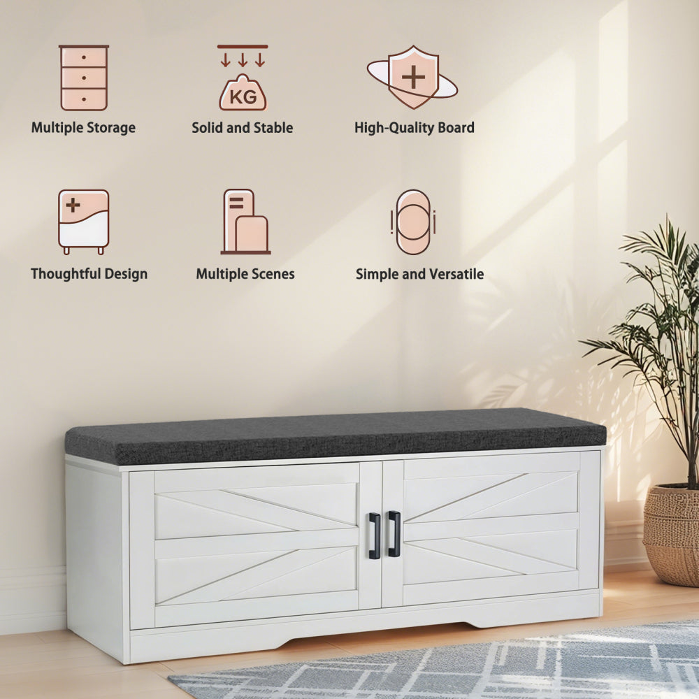 2-Tier Storage Bench, Farmhouse Shoe Bench with Padded Seat Cushion, Entryway Bench with 2 Barn Doors & 2 Adjustable Shelves, 13.75" D x 39.4" W x 17.72" H, for Entryway, Bedroom, Living Room, White