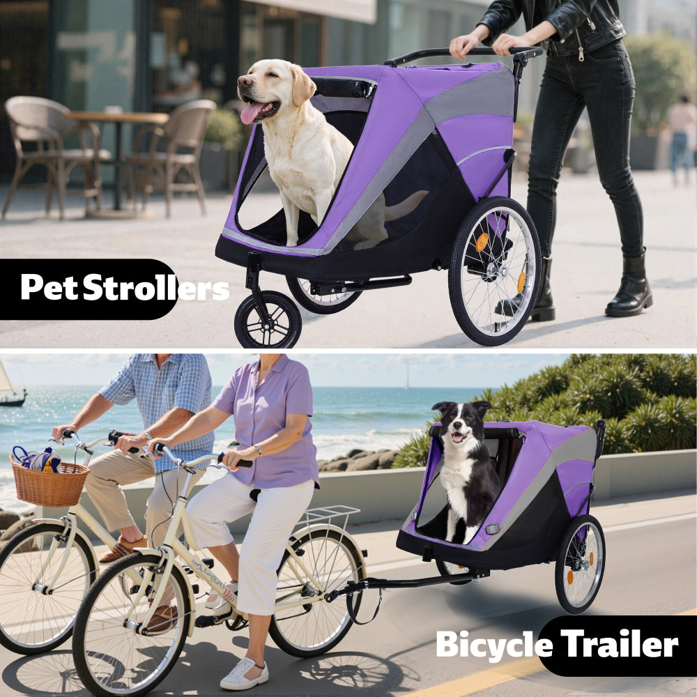 2-in-1 Bike Trailer & Push Cart for Pets - Detachable Bike Hitch & Push Handle Included - Quick Release Wheel, Internal Leash, Dual Cup Pockets and Underneath Storage Bag, Holds Pets Up to 88 lbs