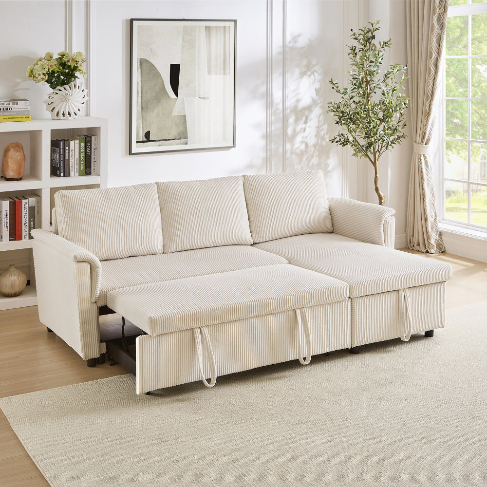 Loveseat Sofa with Chaise Lounge L-Shaped Modular Convertible Sofa with Storage Chaise, Corduroy Tufted Upholstered Sleeper Sectional Sofa,Pull Out Sleep Couch Bed and Reclining Backrest-Black
