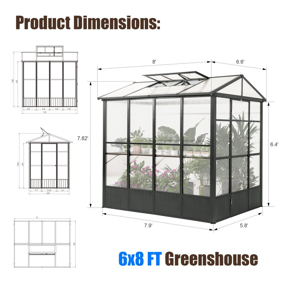 6.5x8FT Greenhouse, Polycarbonate Green House with Fully Auto Temperature Control Vent, Outdoor Full Aluminum Heavy Duty Greenhouse with Extra 7.8FT Walk-in Height for Garden Backyard, Dark Grey