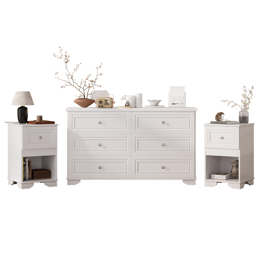 3-Pieces Bedroom Set, 6-Drawer Dresser and Two Nightstands with Metal Handles, Elegant Design and Retro Style,White
