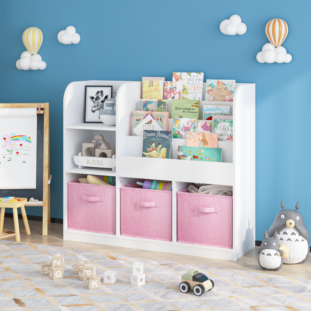 Kids Bookcase and Bookshelf, Multifunctional Bookcase with 3 Collapsible Fabric Drawers, Bookcase Display Stand, Toy Storage Organizer for Bedroom, Playroom, Hallway (White/Pink)
