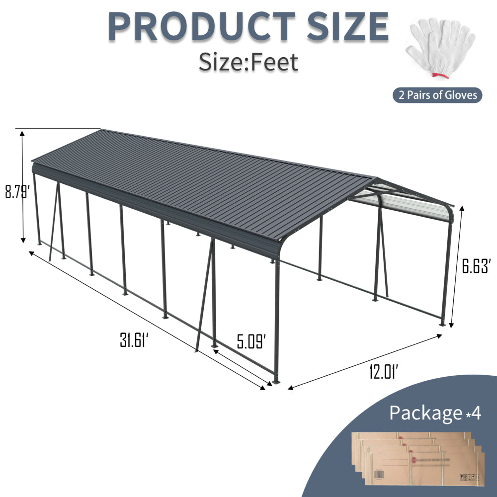 12 X 32 FT Carport, Heavy Duty Carport with Galvanized Steel Roof and Frame, Metal Carport Large Garage with 4 Fixed inclined square tube supports for Driveway Car, Truck