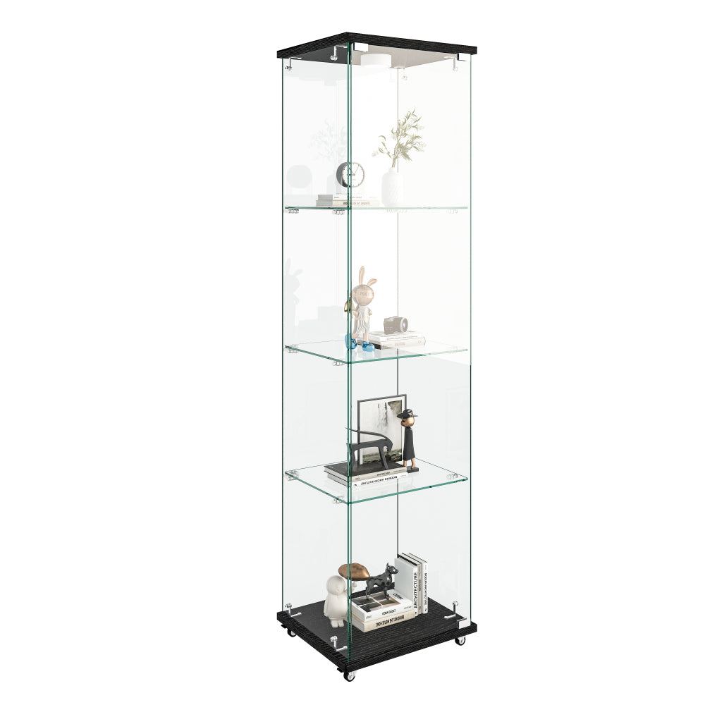 Modern Glass Display Cabinet with LED lights, Quick-assembly Antique Cabinet, Tempered Glass Bookshelf, Suitable for Living Room and Bedrooms, 1-door 4-shelf, Black