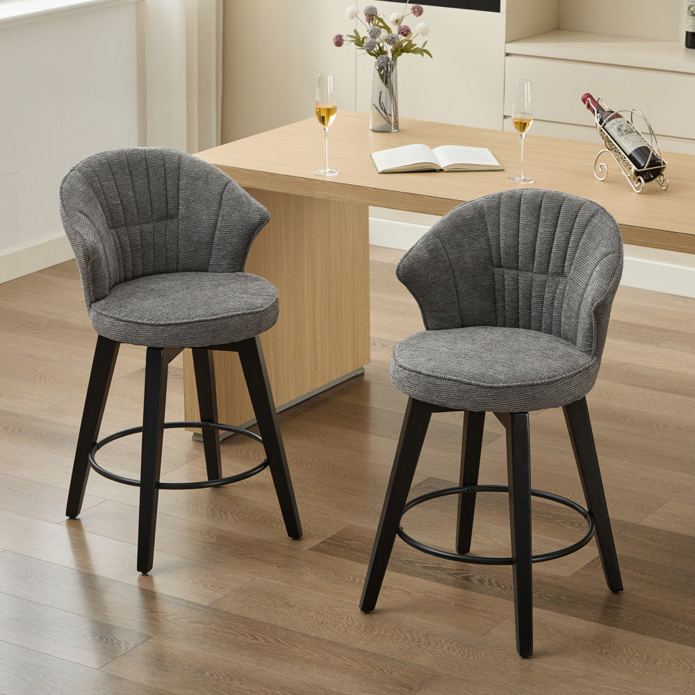 008-Wing Back Swivel Bar Stools Set of 2 - 25" Counter Height Adjustable Stools with Solid Wood Legs & Chenille Upholstery, Leveling Feet for Kitchen Island, Home Pub or Dining Room, White