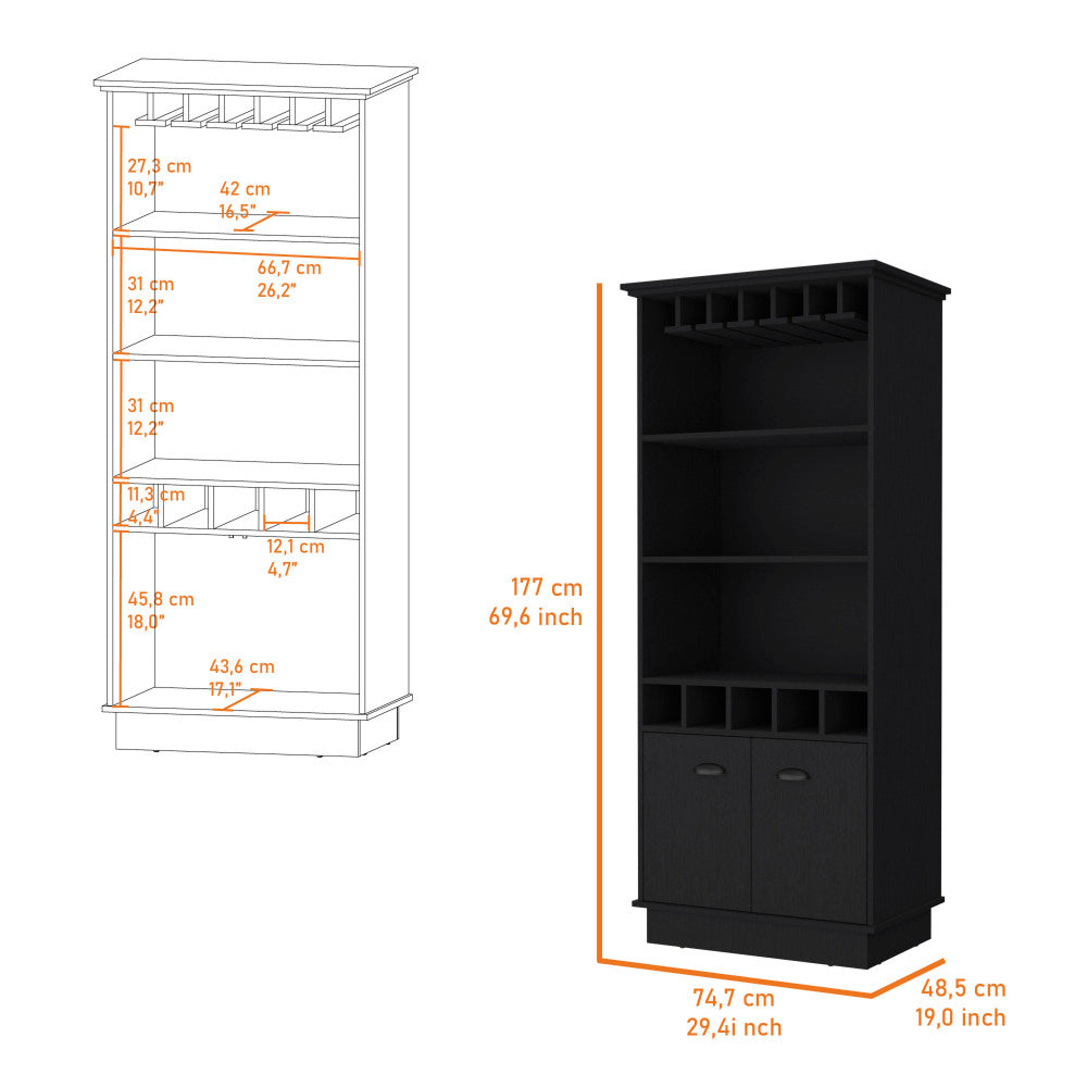 FM FURNITURE Sophia Bar Cabinet with Glassware Rack and Five Bottle Racks, Black