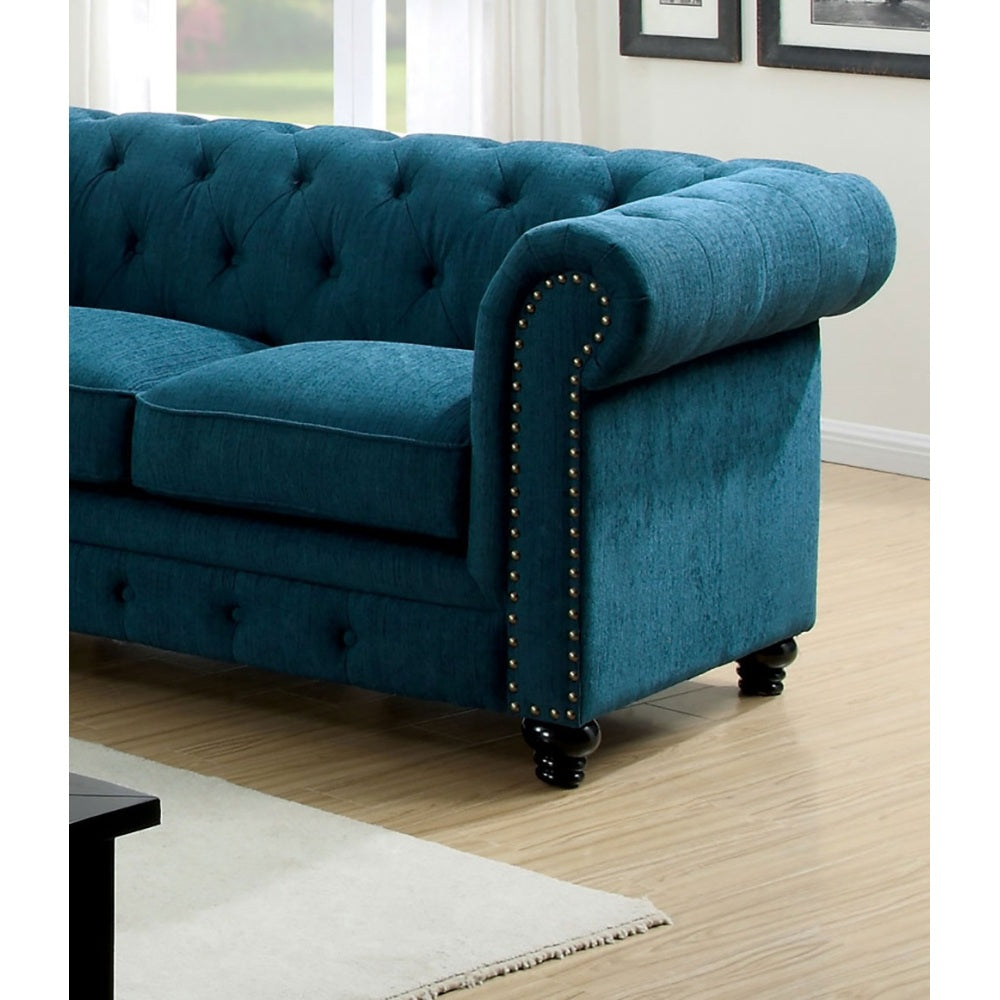 Contemporary Dark Teal Color 1pc Loveseat Button Tufted Couch Rolled Arms Nailhead Trim Leatherette