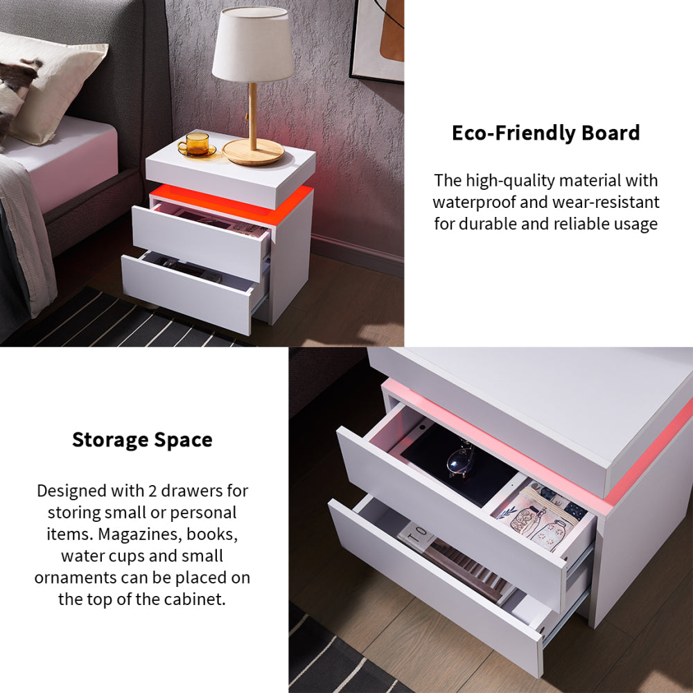 Nightstand LED Bedside Table Cabinet Lights Modern End Side with 2 Drawers for Bedroom (White)