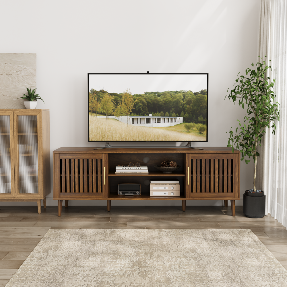 63 inch TV stand with 2 grille door cabinets and adjustable storage rack, suitable for medieval modern TV cabinets with 55/65/70 inch TVs, entertainment center with storage space, walnut wood