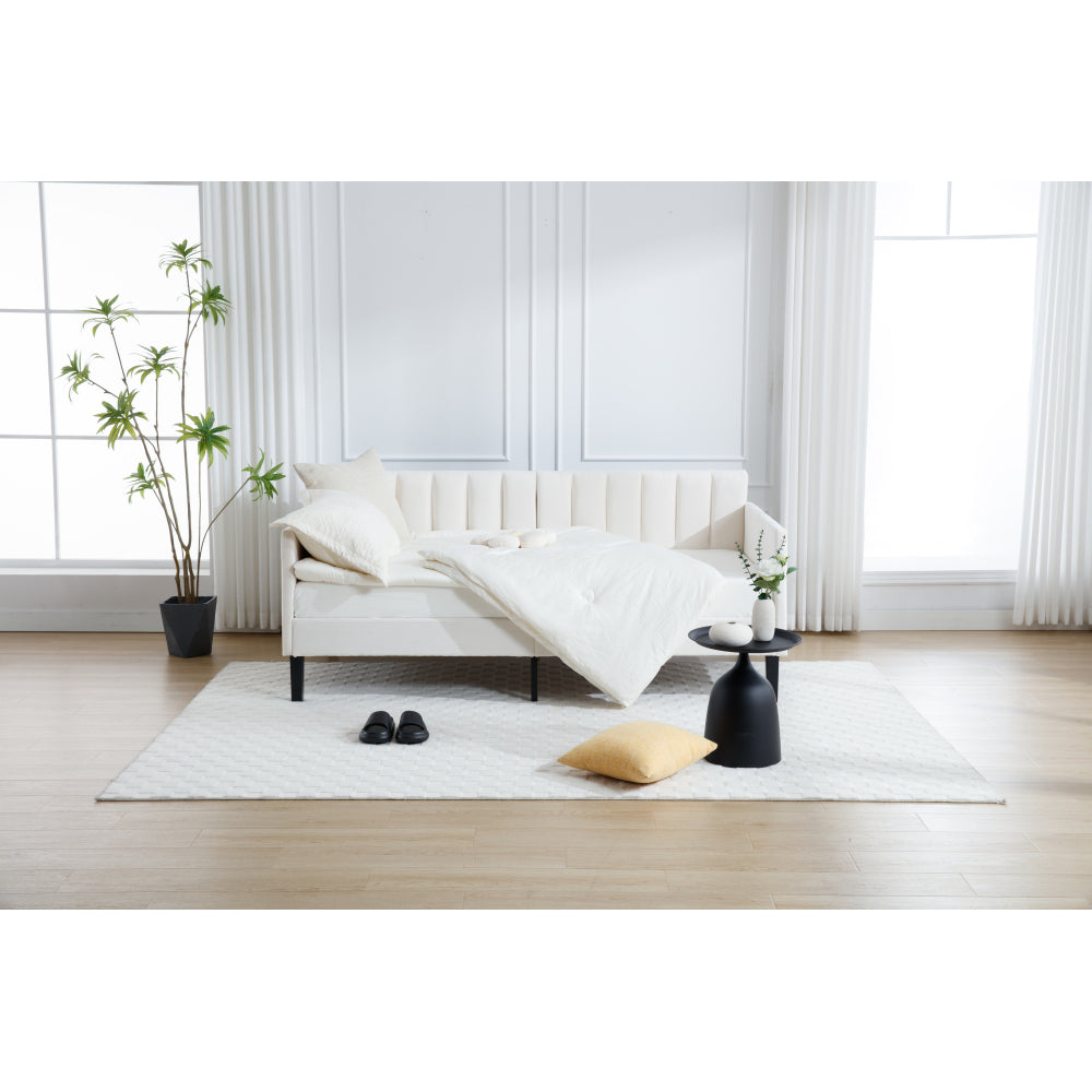 Elena Twin Size Beige Velvet Upholstered Daybed, Ribbed Tufted Backrest, Daybed in Lavish Modern Design, Richly Hued Foam Comfort