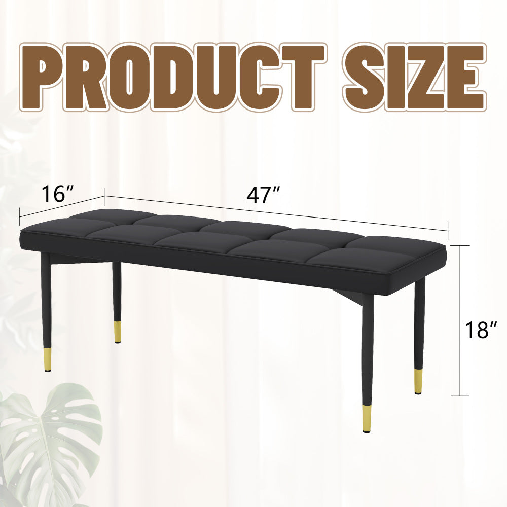 47*16 Inch Multifunctional Black Shoe Bench - Faux PU Cushion, Sturdy Metal Legs With Gold Accents.Suitable For Bedroom,Fitting room, Storage room, Dining room, and Living room,etc.