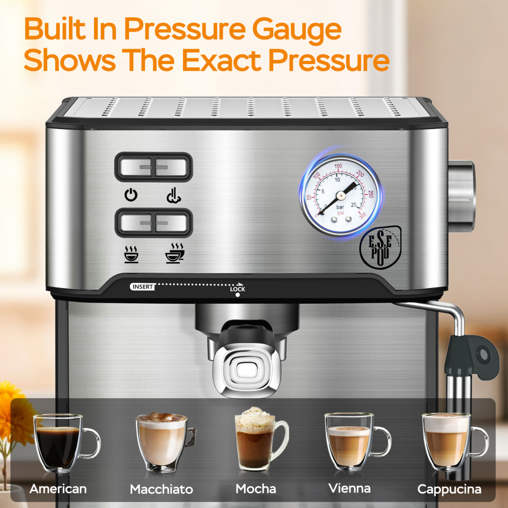 20 Bar Professional Espresso Machine with Milk Frother, Single & Double Shot, ESE Pod Compatible, Pressure Display, Removable Water Tank for Cappuccino, Latte, & Macchiato – Home Barista Edition