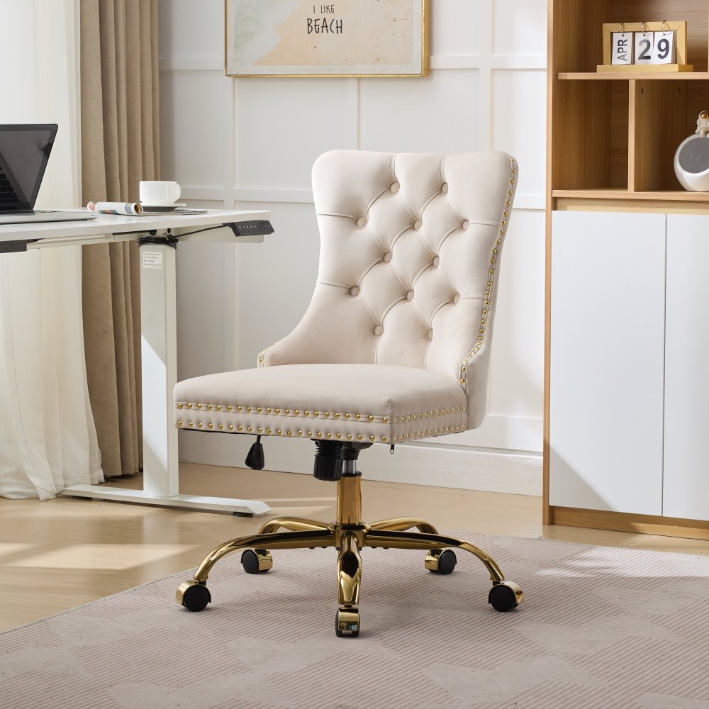 A&A Furniture Office Chair,Modern Velvet Upholstered Tufted Button Home Office Chair with Golden Metal Base,Adjustable Desk Chair Swivel Office Chair (Gray)