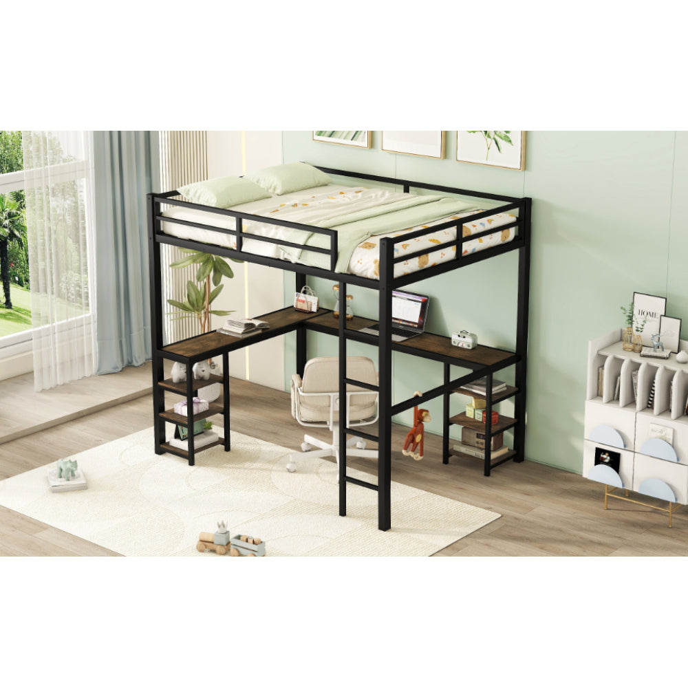 Full Metal Loft Bed with Desk and Shelves, Loft Bed with Ladder and Guardrails, Loft Bed Frame for Bedroom, Black (Old SKU: W1307S00018)