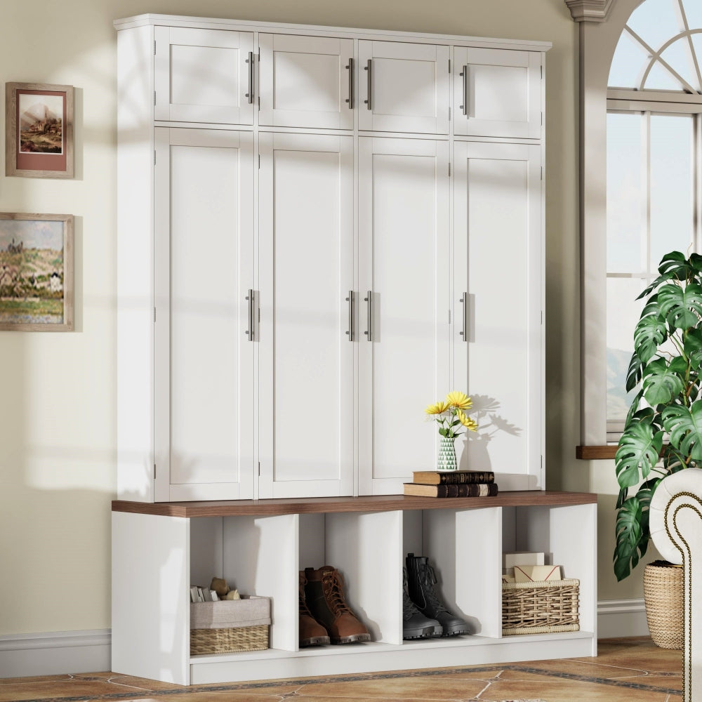 ON-TREND 47.2'' Wide Hall Tree with Bench and Shoe Storage, Multi-functional Storage Bench with 3 Hanging Hooks & Open Storage Space, Rectangle Storage & Shelves Coat Rack for Hallway, Black