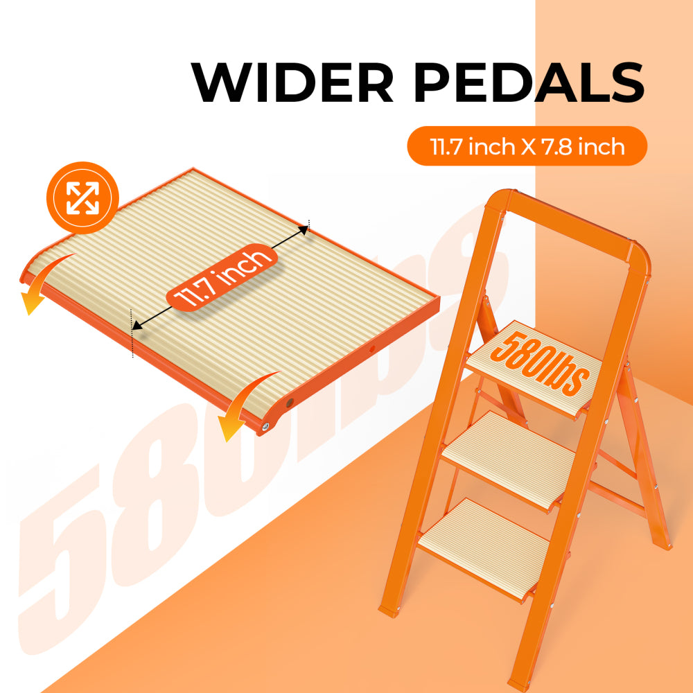 3 Step Ladder Folding Step Stool for Adults with Wide Anti-Slip Pedal, Aluminium Lightweight Foldable Step Ladders for Home Kitchen Office, 580 lbs Capacity