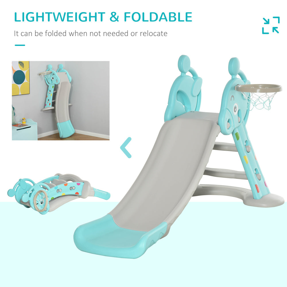 Qaba 2 in 1 Kids Slide with Basketball Hoop, Foldable Toddler Freestanding Slider Playset, for 18 months -4 Years Deer Shaped, Includes Basketball, Pump - Blue
