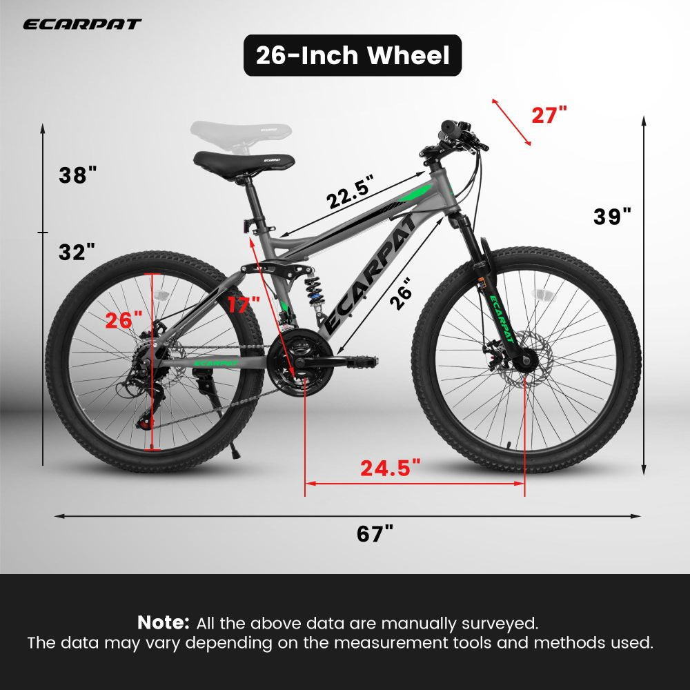 A2660 26 Inch Mountain Bike, 21-Speed Disc Brakes, Durable Frame, Front, Rear Dual-Shock Absorption, Unisex for Commuting, Travel, School, Mountain and City Road Cycling