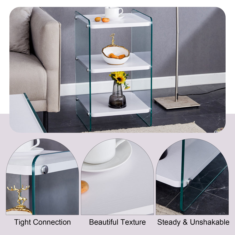 Three levels of bedside tables. The board surface is MDF, with white stickers, and both sides are transparent tempered glass. The design is simple and generous, with storage function.W1512P284948
