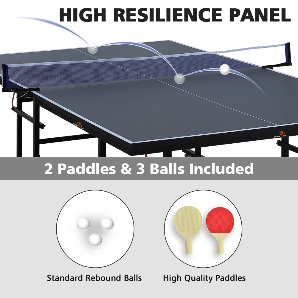 DOUBLE FISH 9 Ft MidSize Table Tennis Table Foldable And Portable Ping Pong Table Set For Indoor Games With Net 2 Table Tennis Paddles And 3 Balls