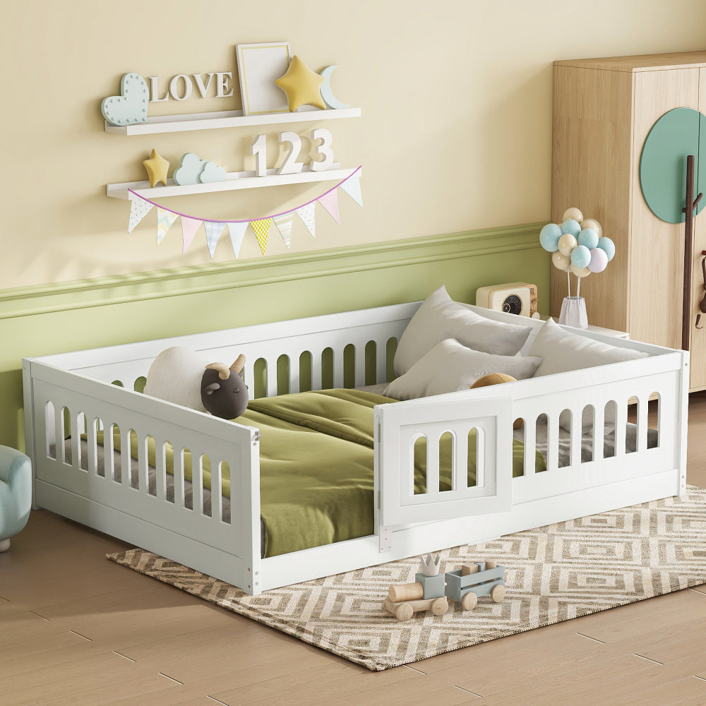 Twin Size Floor Bed with Heightened Safety Guardrails and Door, Solid Wood Bedframe with Rails for Girls, Boys, Teens, Child Bedroom, Kids Playroom, No Slats Included, White