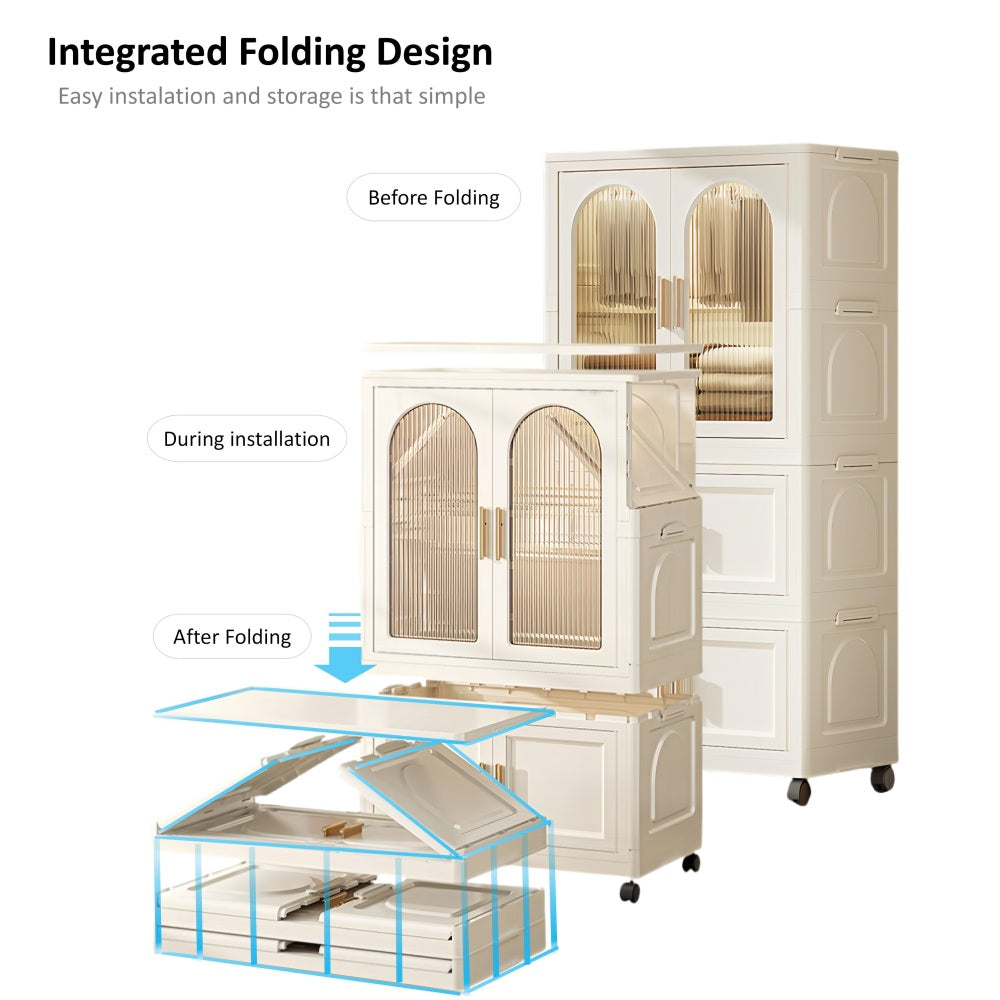 25.59" Side Wide Folding Wardrobe , 25.59"×15.75"×57.09", with Magnetic Door, Plastic Storage Cabinet with Wheels( one layer of wardrobe + two layers of folding boxes+10 hangers )