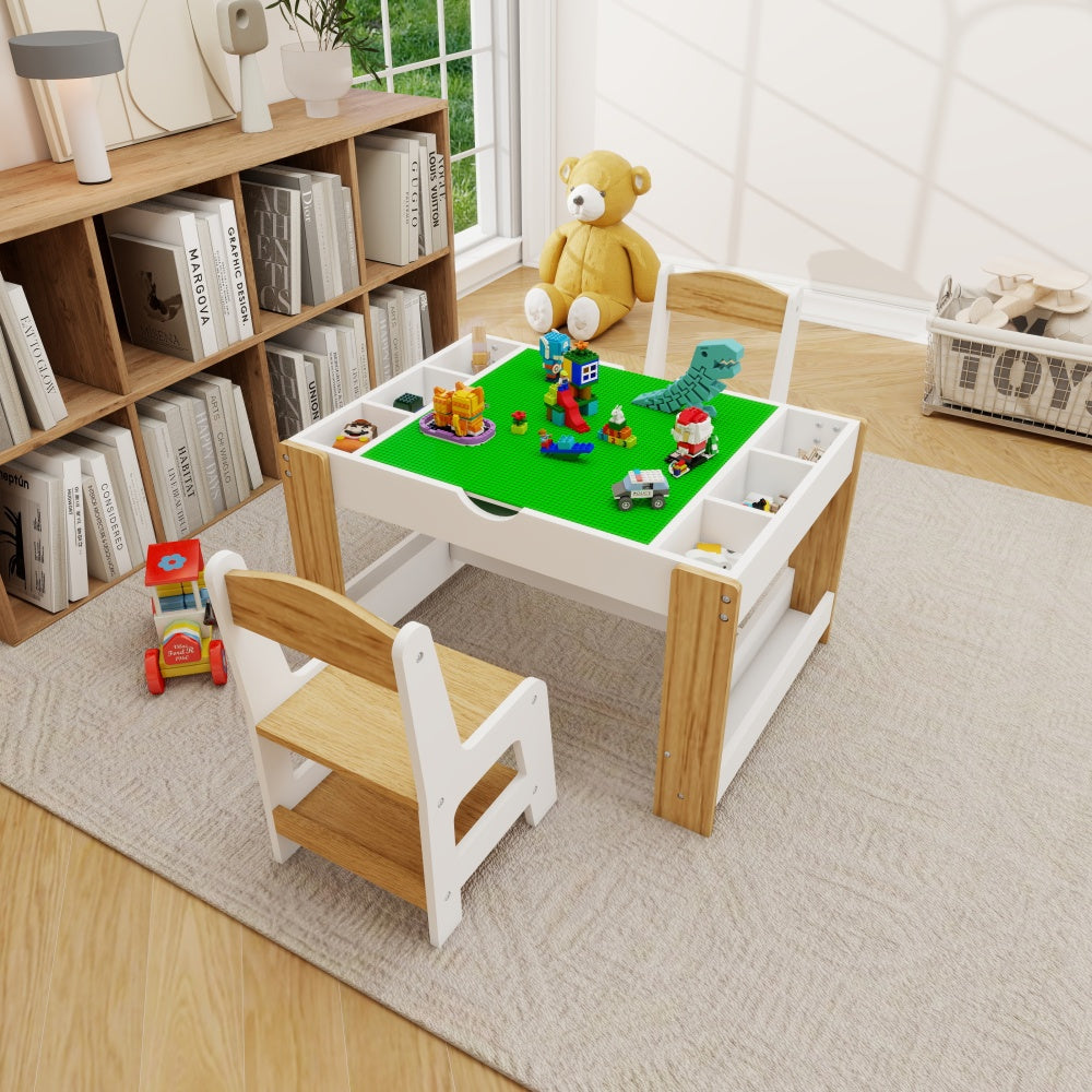 Kids 2 in 1 Play Table & 2 Chairs Set,with 7 Storage Compartments,Compatible with LEGO Building Block,Modern Activity Learning Table Game Furniture-White