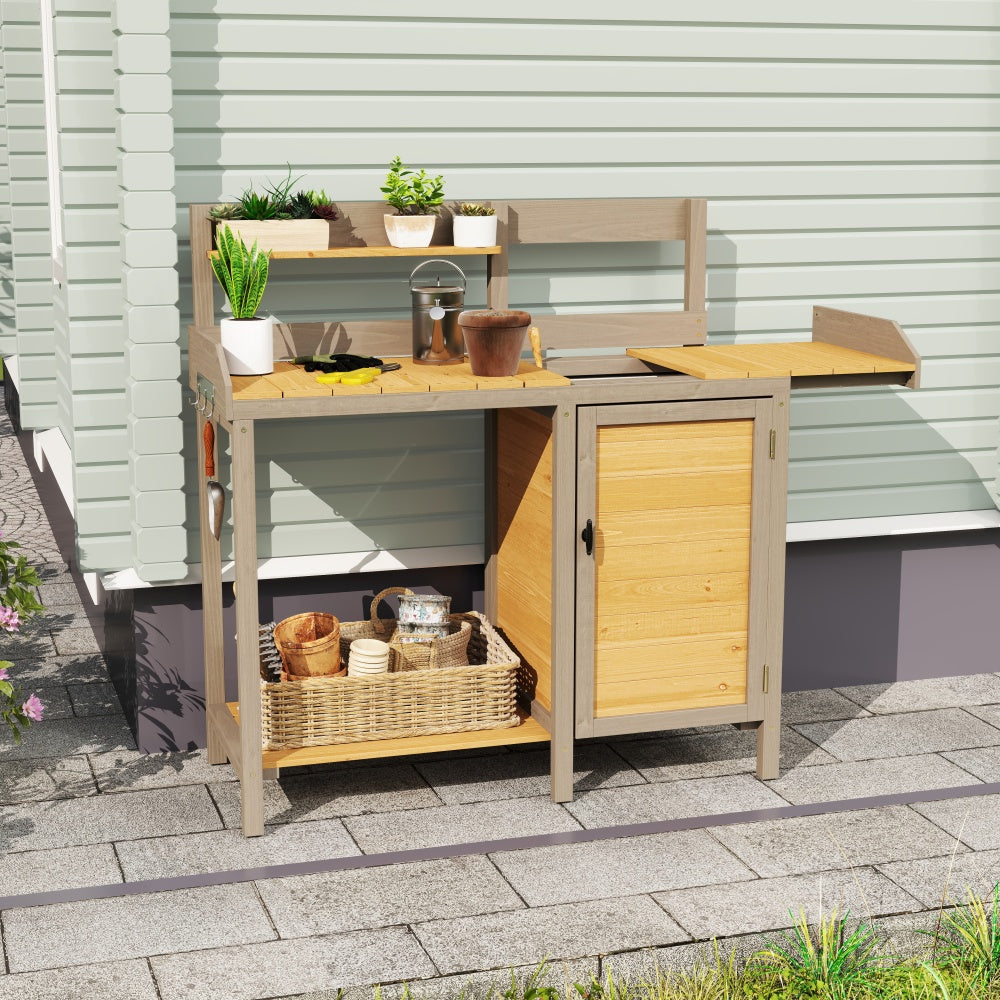Outdoor Wooden Potting Bench Table with Sink, Garden Table Work Bench with Storage, Workstation for Outside Patio Lawn