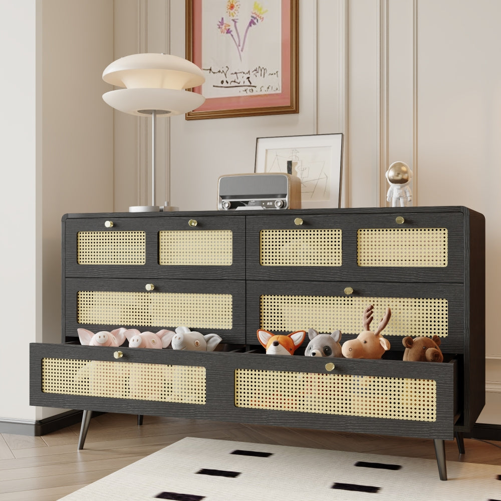 4 Drawer Dresser, Modern Rattan Dresser Chest with Wide Drawers and Metal Handles, Farmhouse Wood Storage Chest of Drawers for Bedroom, Living Room, Hallway, Entryway