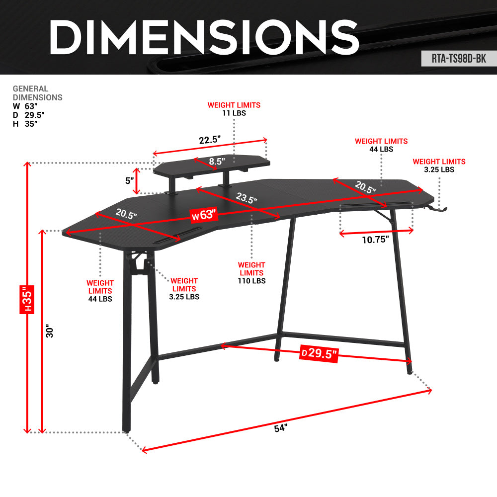 Techni Sport TS98D Gaming Desk with Shelf & Accessory Holders, Black
