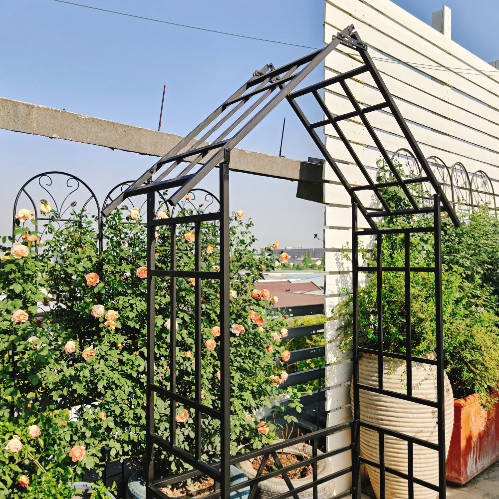 Metal Garden Arch with Bench Turned into Flower Stand W58.07*H97.24 Climbing Plants Support Rose Arch Outdoor Black