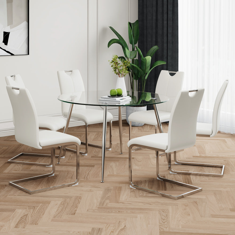 Modern simple round glass dining table, wear-resistant tempered glass countertop, gold-plated legs, grey PU dining chair set, suitable for restaurant kitchen use (set of 5)