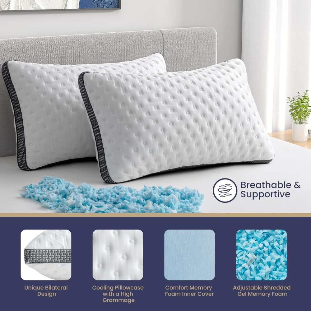 Cooling Pillow Queen Size 1 Pack, Cooling Gel Memory Foam Bed Pillow, Medium Firm Pillow for Sleeping, Cooling & Smooth Washable Cover, CertiPUR-US Certified