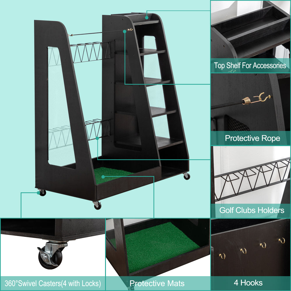 Golf Bag Organizer for Garage, Premium Wooden Golf Clubs Storage Rack Fit 2 Golf Bags, Golf Trunk Organizer for Car Garage Club Shed Basement,Black