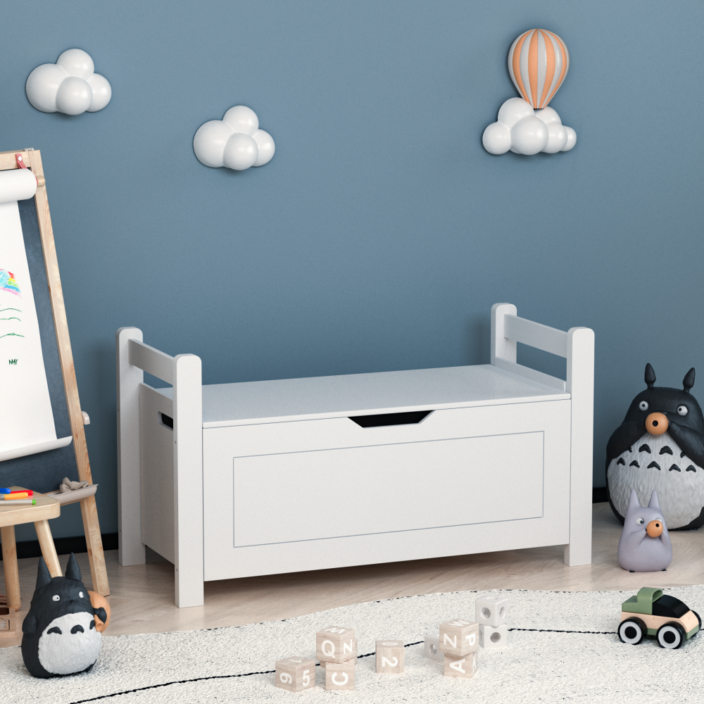 Kids Toy Box Chest, White Toy Box for Boys Girls, Large Storage Cabinet with Cushion Seat Bench/Flip-Top Lid/Safety Hinge, Toy Storage Organizer Trunk for Nursery, Playroom
