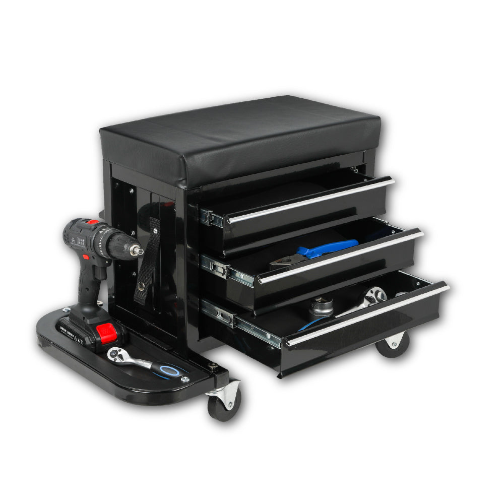 3-Drawer Tool Chest Rolling Mechanic Seat with Tool Trays,350lbs Max Weight Capacity,Black