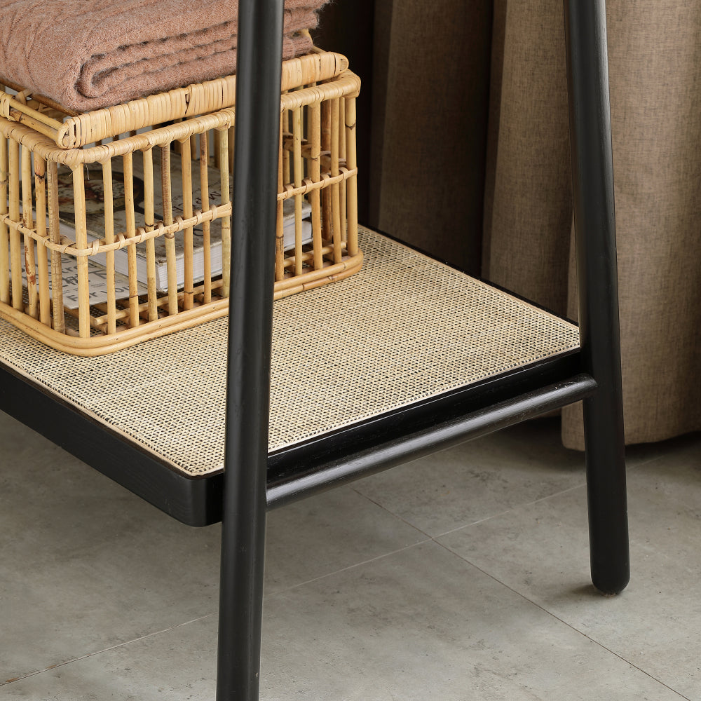 (Black) Solid Oak Wood Clothes Rack, Black Rattan Hanger Rack-clothes Rack with Shelves, Cloth Hanger Standing Garment Racks for Hanging Clothes