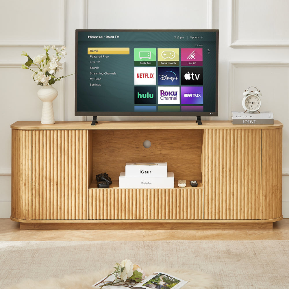 64-Inch Wavy TV Stand, Rounded Sideboard, Storage Cabinet, Wooden Vertical Stripe Cabinet for Living Room/Bedroom/Entryway. Black,64''W x 15''D x 24''H.