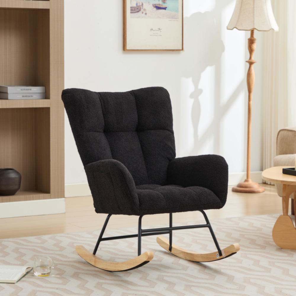 Modern Nursery Rocking Chair Upholstered Glider Chair with High Backrest Rocker Accent Armchair with Solid Wood Legs for Nursery Bedroom Living Room Teddy (white)