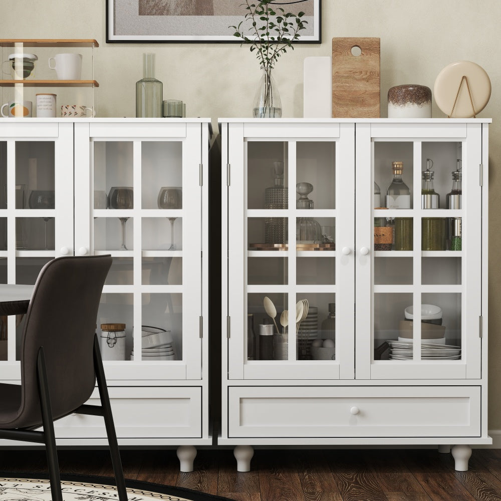 Minimalist White Buffet Cabinet with Double Glass Doors and Drawer, Modern Wooden Storage Sideboard Cupboard for Living room, Dining Room Hallway Entryway